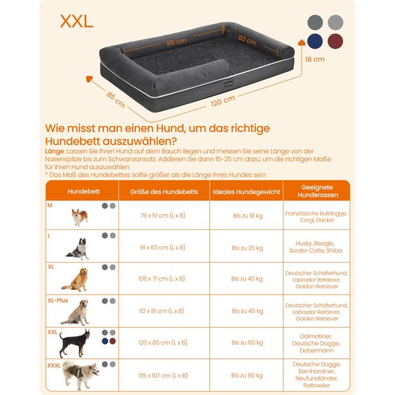 Feandrea Orthopädisches Hundebett, Hundekissen, Hundekorb, weiche Polsterung, Hundesofa, erhöhte Ränder, Bezug abnehmbar und waschbar, 120 x 85 x 18 cm, rutschfeste Unterseite, dunkelgrau PGW078G01V1