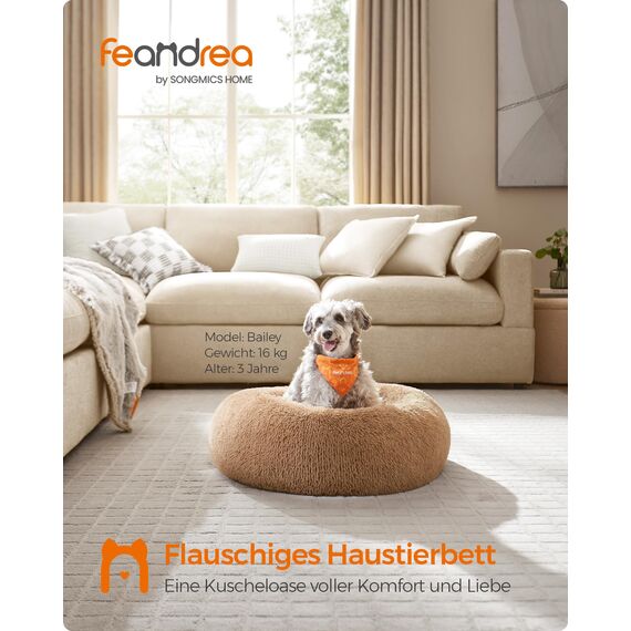 Feandrea Hundebett flauschig, Katzenbett, Donut Kissen, waschbar, Polsterung in der Mitte herausnehmbar, Langer Plüsch, 70 cm Durchmesser, Kamelbraun PGW039K01