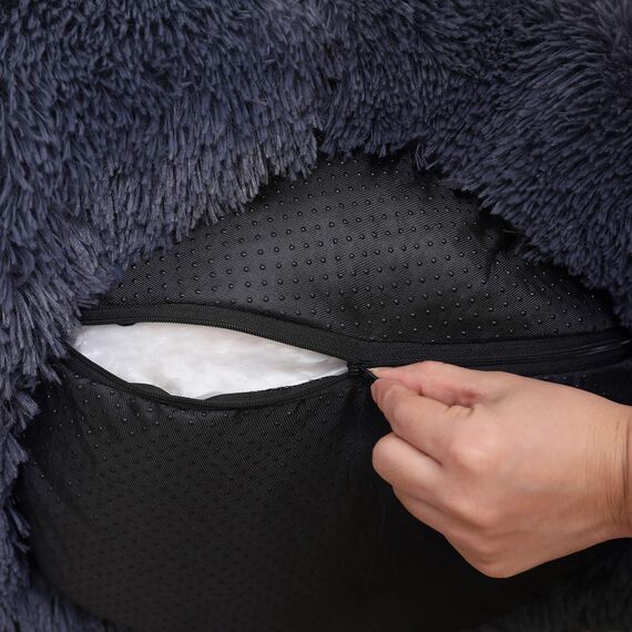 Feandrea Hundebett flauschig, Katzenbett, Donut Kissen, waschbar, Polsterung in der Mitte herausnehmbar, Langer Plüsch, 80 cm Durchmesser, dunkelgrau PGW040G02