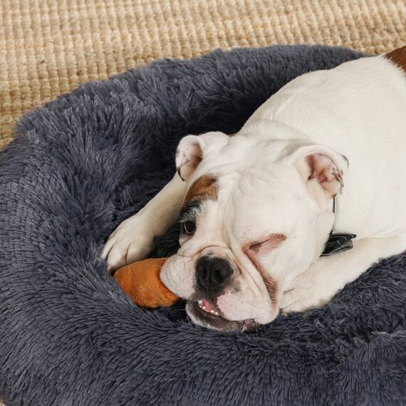 Feandrea Hundebett flauschig, Katzenbett, Donut Kissen, waschbar, Polsterung in der Mitte herausnehmbar, Langer Plüsch, 80 cm Durchmesser, dunkelgrau PGW040G02