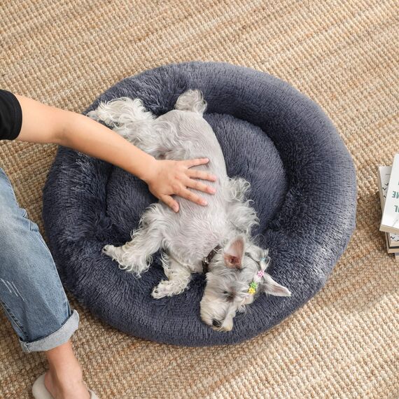 Feandrea Hundebett flauschig, Katzenbett, Donut Kissen, waschbar, Polsterung in der Mitte herausnehmbar, Langer Plüsch, 70 cm Durchmesser, dunkelgrau PGW039G02