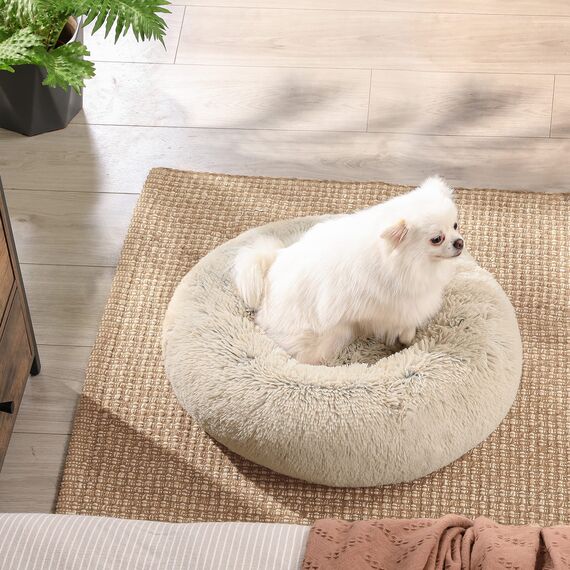 Feandrea Hundebett flauschig, Katzenbett, Donut Kissen, waschbar, Polsterung in der Mitte herausnehmbar, Langer Plüsch, 50 cm Durchmesser, Ombré-Khaki PGW037S01