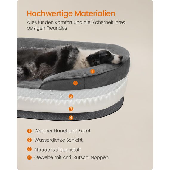 Feandrea Hundebett, Hundekissen, für große Hunde, 91 x 68 x 18 cm, orthopädisch, wasserdichte Innenschicht, erhöhte Ränder, Abnehmbarer, waschbarer Bezug, rutschfest, schiefergrau PGW282GN01