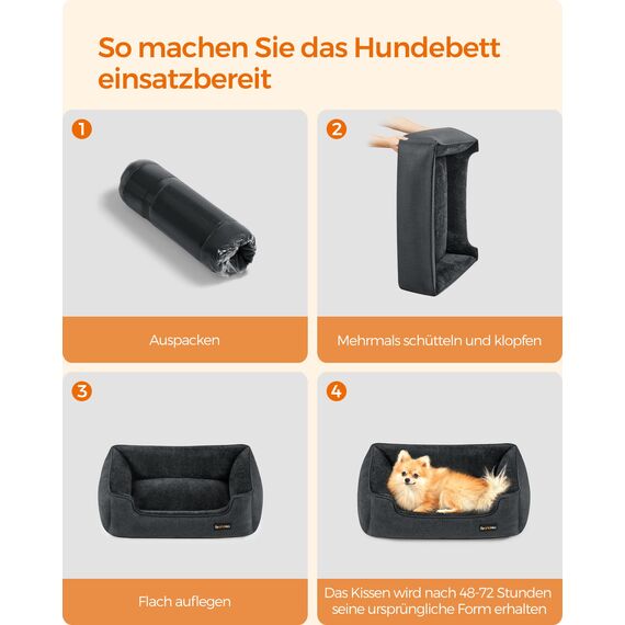 Feandrea Hundebett, Hundekissen in Leinenoptik, Hundekorb, erhöhte Ränder, rutschfeste Unterseite, Bezug abnehmbar waschbar, M, für kleine Hunde, 70 x 55 x 21 cm, dunkelgrau PGW010G01