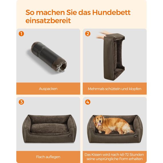 Feandrea Hundebett, Hundekissen in Leinenoptik, Hundekorb, erhöhte Ränder, rutschfeste Unterseite, Bezug abnehmbar waschbar, XL, für große Hunde, 110 x 75 x 27 cm, braun PGW12CC