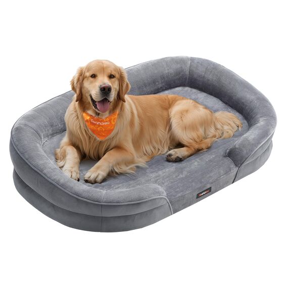 Feandrea Hundebett, Hundekissen, für große Hunde, 106 x 76 x 18 cm, orthopädisch, wasserdichte Innenschicht, erhöhte Ränder, Abnehmbarer, waschbarer Bezug, rutschfest, hellgrau PGW283G01