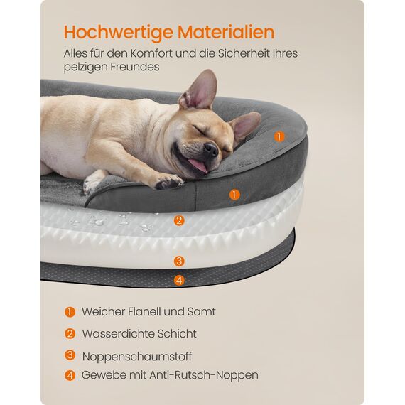 Feandrea Hundebett, Hundekissen, für mittelgroße Hunde, 76 x 51 x 18 cm, orthopädisch, wasserdichte Innenschicht, erhöhte Ränder, Abnehmbarer, waschbarer Bezug, rutschfest, schiefergrau PGW281GN01