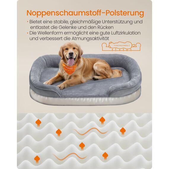 Feandrea Hundebett, Hundekissen, für große Hunde, 106 x 76 x 18 cm, orthopädisch, wasserdichte Innenschicht, erhöhte Ränder, Abnehmbarer, waschbarer Bezug, rutschfest, hellgrau PGW283G01
