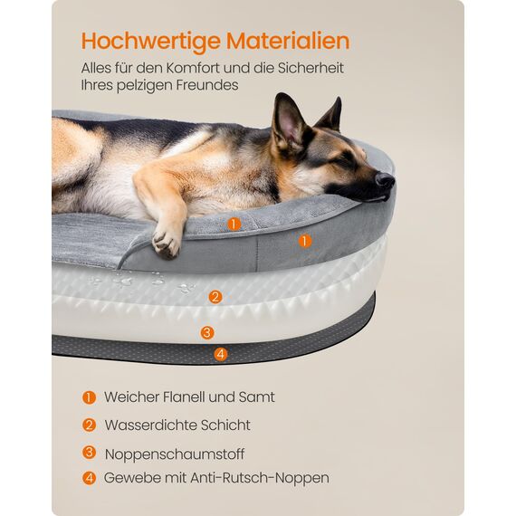 Feandrea Hundebett, Hundekissen, für extra große Hunde, 122 x 85 x 20 cm, orthopädisch, wasserdichte Innenschicht, erhöhte Ränder, Abnehmbarer, waschbarer Bezug, rutschfest, hellgrau PGW284G01