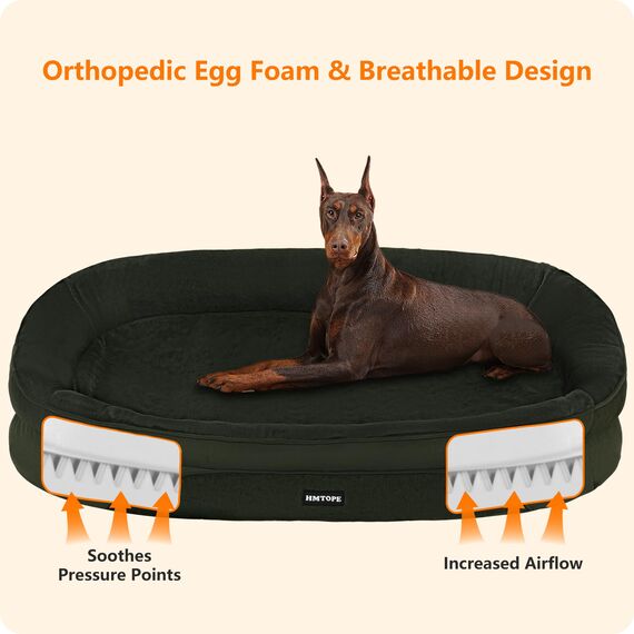HMTOPE Orthopädisches Hundebett, Hundesofa, Vierseitiges Nackenrolle Kissen, rutschfeste Unterseite Hundekorb, Abnehmbar und Waschbar, Grosse Hunde, 122 x 90 x 19 cm, Olivgrün