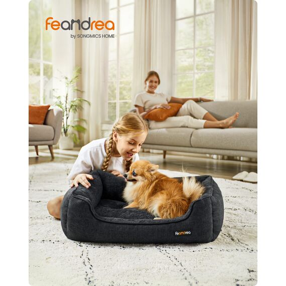 Feandrea Hundebett, Hundekissen in Leinenoptik, Hundekorb, erhöhte Ränder, rutschfeste Unterseite, Bezug abnehmbar waschbar, M, für kleine Hunde, 70 x 55 x 21 cm, dunkelgrau PGW010G01