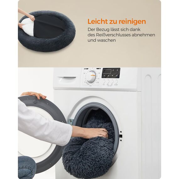 Feandrea Hundebett flauschig, Katzenbett, Donut Kissen, waschbar, Polsterung in der Mitte herausnehmbar, Langer Plüsch, 90 cm Durchmesser, dunkelgrau PGW041G02