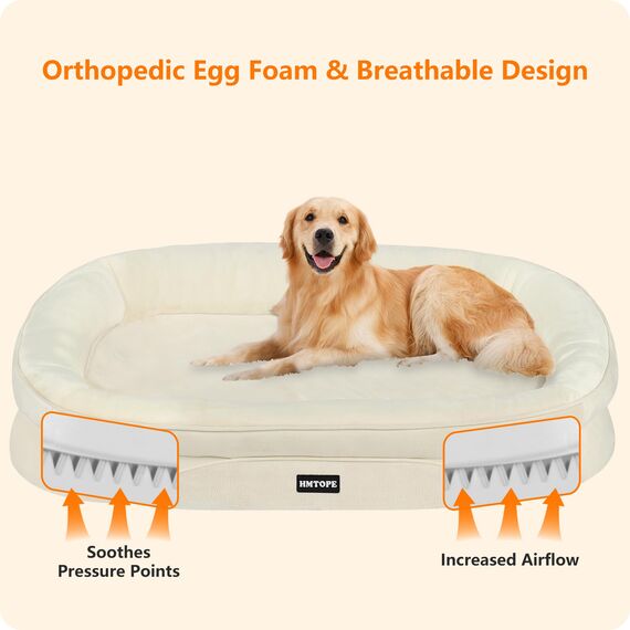 HMTOPE Orthopädisches Hundebett, Hundesofa, Vierseitiges Nackenrolle Kissen, rutschfeste Unterseite Hundekorb, Abnehmbar und Waschbar, Mittelgroße Hunde, Grosse Hunde, 106 x 79 x 17 cm, Beige