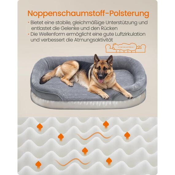 Feandrea Hundebett, Hundekissen, für extra große Hunde, 122 x 85 x 20 cm, orthopädisch, wasserdichte Innenschicht, erhöhte Ränder, Abnehmbarer, waschbarer Bezug, rutschfest, hellgrau PGW284G01