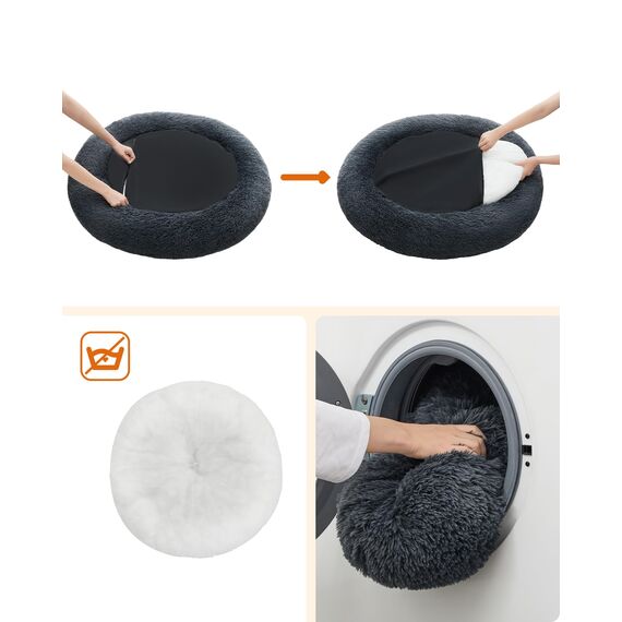 Feandrea Hundebett flauschig, Katzenbett, Donut Kissen, waschbar, Polsterung in der Mitte herausnehmbar, Langer Plüsch, 100 cm Durchmesser, dunkelgrau PGW042G02