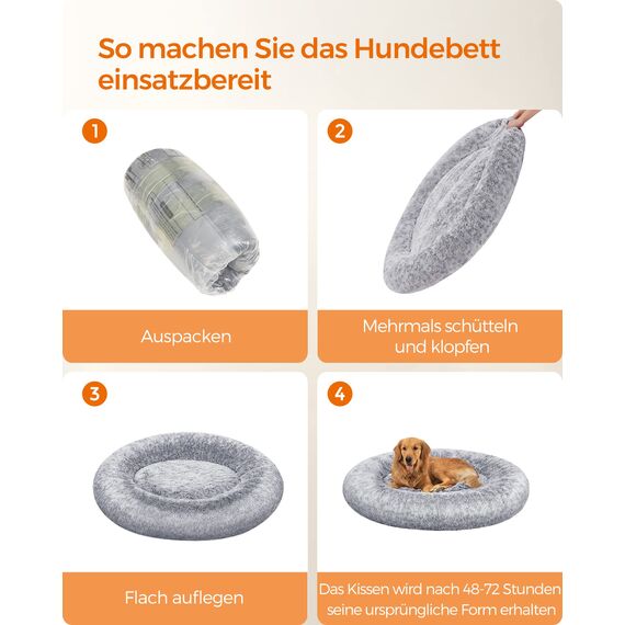 Feandrea Hundebett flauschig, Katzenbett, Donut Kissen, waschbar, Polsterung in der Mitte herausnehmbar, Langer Plüsch, 120 cm Durchmesser, Ombré-Grau PGW043G01