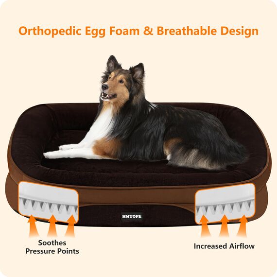 HMTOPE Orthopädisches Hundebett, Hundesofa, Vierseitiges Nackenrolle Kissen, rutschfeste Unterseite Hundekorb, Abnehmbar und Waschbar, Grosse Hunde, 122 x 90 x 19 cm, Braun