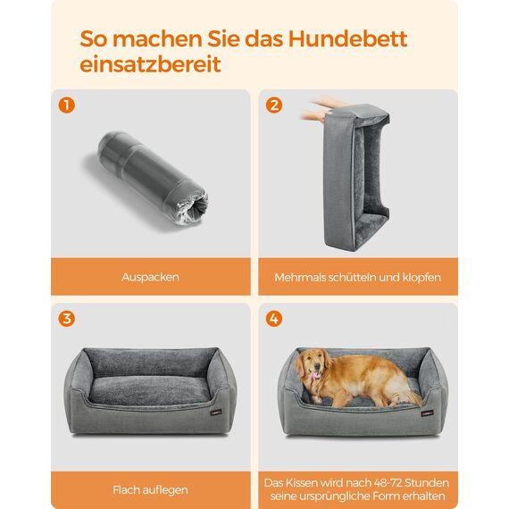 Feandrea Hundebett, Hundekissen in Leinenoptik, Hundekorb, erhöhte Ränder, rutschfeste Unterseite, Bezug abnehmbar waschbar, XL, für große Hunde, 110 x 75 x 27 cm, hellgrau PGW12GG