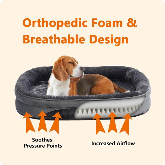 HMTOPE Orthopädisches Hundebett, Hundesofa, Vierseitiges Nackenrolle Kissen, rutschfeste Unterseite Hundekorb, Abnehmbar und Waschbar, Kleine Hunde, 71 x 53 x 14 cm, Dunkelgrau