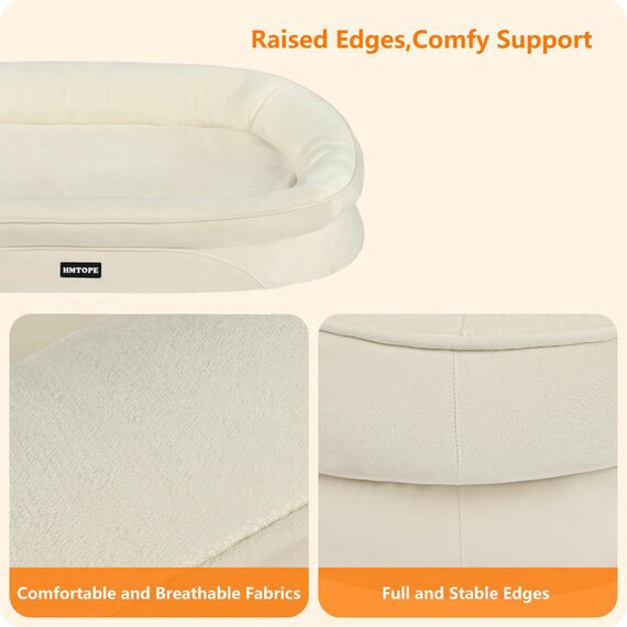 HMTOPE Orthopädisches Hundebett, Hundesofa, Vierseitiges Nackenrolle Kissen, rutschfeste Unterseite Hundekorb, Abnehmbar und Waschbar, Mittelgroße Hunde, Grosse Hunde, 106 x 79 x 17 cm, Beige