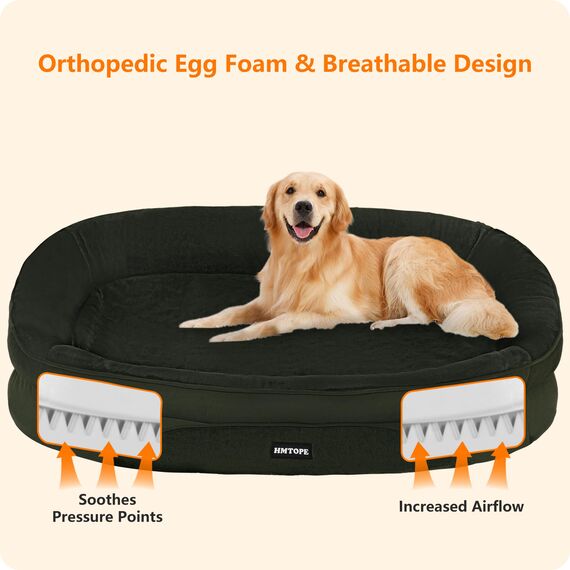 HMTOPE Orthopädisches Hundebett, Hundesofa, Vierseitiges Nackenrolle Kissen, rutschfeste Unterseite Hundekorb, Abnehmbar und Waschbar, Mittelgroße Hunde, Grosse Hunde, 106 x 79 x 17 cm, Olivgrün