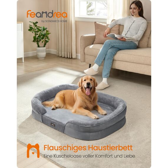 Feandrea Hundebett, Hundekissen, für große Hunde, 106 x 76 x 18 cm, orthopädisch, wasserdichte Innenschicht, erhöhte Ränder, Abnehmbarer, waschbarer Bezug, rutschfest, hellgrau PGW283G01