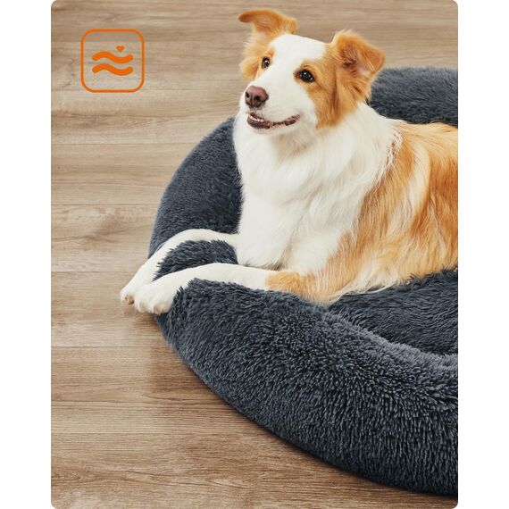 Feandrea Hundebett flauschig, Katzenbett, Donut Kissen, waschbar, Polsterung in der Mitte herausnehmbar, Langer Plüsch, 100 cm Durchmesser, dunkelgrau PGW042G02