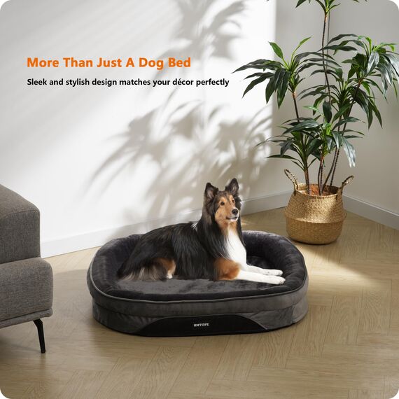 HMTOPE Orthopädisches Hundebett, Hundesofa, Vierseitiges Nackenrolle Kissen, rutschfeste Unterseite Hundekorb, Abnehmbar und Waschbar, Kleine Hunde, Mittelgroße Hunde, 90 x 71 x 15 cm, Dunkelgrau