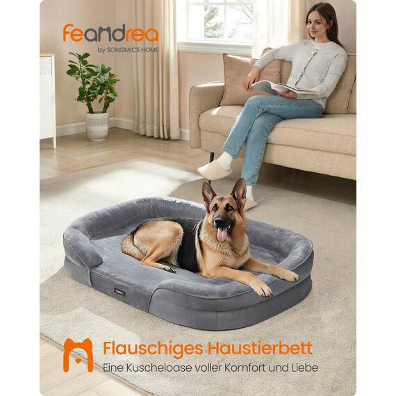 Feandrea Hundebett, Hundekissen, für extra große Hunde, 122 x 85 x 20 cm, orthopädisch, wasserdichte Innenschicht, erhöhte Ränder, Abnehmbarer, waschbarer Bezug, rutschfest, hellgrau PGW284G01