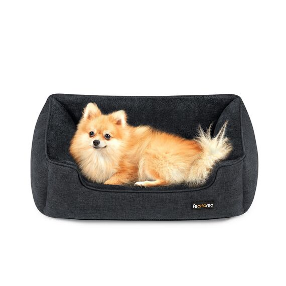 Feandrea Hundebett, Hundekissen in Leinenoptik, Hundekorb, erhöhte Ränder, rutschfeste Unterseite, Bezug abnehmbar waschbar, M, für kleine Hunde, 70 x 55 x 21 cm, dunkelgrau PGW010G01