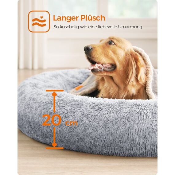 Feandrea Hundebett flauschig, Katzenbett, Donut Kissen, waschbar, Polsterung in der Mitte herausnehmbar, Langer Plüsch, 120 cm Durchmesser, Ombré-Grau PGW043G01