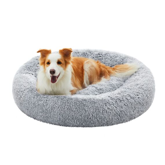 Feandrea Hundebett flauschig, Katzenbett, Donut Kissen, waschbar, Polsterung in der Mitte herausnehmbar, Langer Plüsch, 100 cm Durchmesser, Ombré-Grau PGW042G01