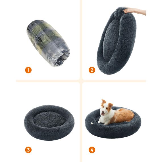 Feandrea Hundebett flauschig, Katzenbett, Donut Kissen, waschbar, Polsterung in der Mitte herausnehmbar, Langer Plüsch, 100 cm Durchmesser, dunkelgrau PGW042G02