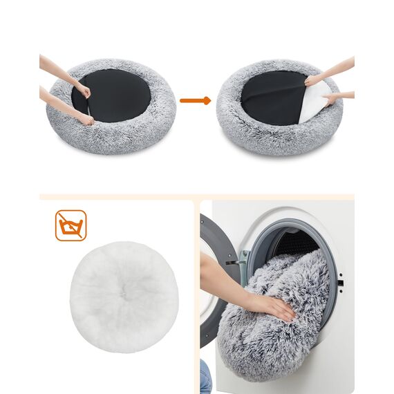 Feandrea Hundebett flauschig, Katzenbett, Donut Kissen, waschbar, Polsterung in der Mitte herausnehmbar, Langer Plüsch, 100 cm Durchmesser, Ombré-Grau PGW042G01