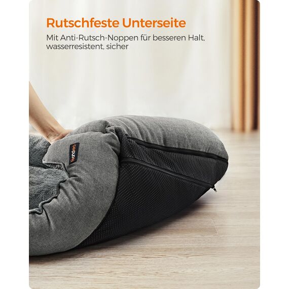 Feandrea Hundebett, Hundekissen in Leinenoptik, Hundekorb, erhöhte Ränder, rutschfeste Unterseite, Bezug abnehmbar waschbar, L, für mittelgroße Hunde, 90 x 75 x 25 cm, hellgrau PGW11GG