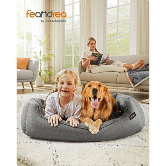 Feandrea Hundebett, Hundekissen in Leinenoptik, Hundekorb, erhöhte Ränder, rutschfeste Unterseite, Bezug abnehmbar waschbar, XL, für große Hunde, 110 x 75 x 27 cm, hellgrau PGW12GG