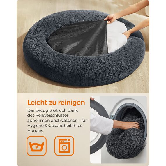 Feandrea Hundebett flauschig, Katzenbett, Donut Kissen, waschbar, Polsterung in der Mitte herausnehmbar, Langer Plüsch, 120 cm Durchmesser, dunkelgrau PGW043G02