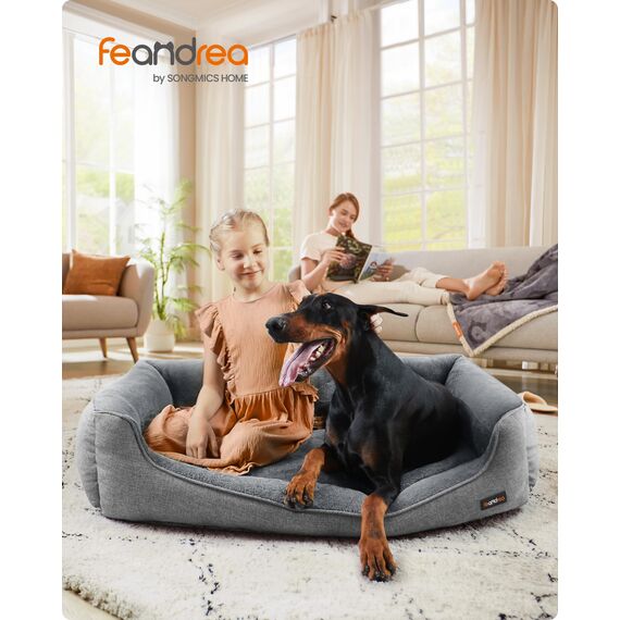 Feandrea Hundebett, Hundekissen in Leinenoptik, Hundekorb, erhöhte Ränder, rutschfeste Unterseite, Bezug abnehmbar waschbar, XXL, für extra große Hunde, 120 x 90 x 30 cm, hellgrau PGW013GG