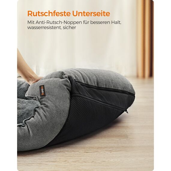 Feandrea Hundebett, Hundekissen in Leinenoptik, Hundekorb, erhöhte Ränder, rutschfeste Unterseite, Bezug abnehmbar waschbar, XL, für große Hunde, 110 x 75 x 27 cm, hellgrau PGW12GG