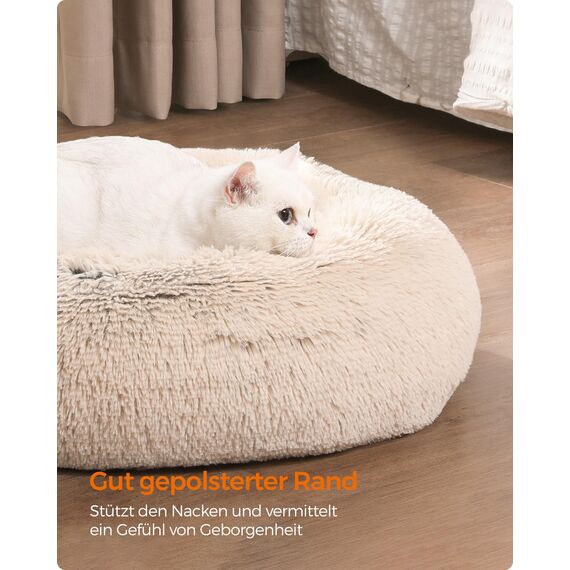Feandrea Hundebett flauschig, Katzenbett, Donut Kissen, waschbar, Polsterung in der Mitte herausnehmbar, Langer Plüsch, 90 cm Durchmesser, Ombré-Khaki PGW041S01