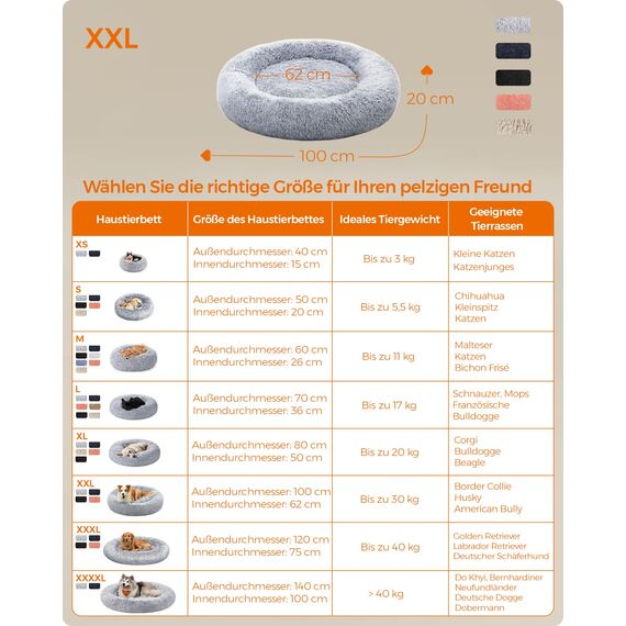 Feandrea Hundebett flauschig, Katzenbett, Donut Kissen, waschbar, Polsterung in der Mitte herausnehmbar, Langer Plüsch, 100 cm Durchmesser, Ombré-Grau PGW042G01