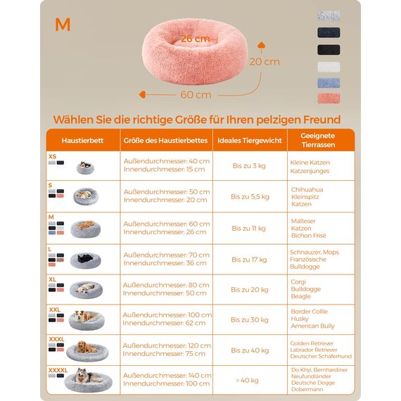 Feandrea Hundebett flauschig, Katzenbett, Donut Kissen, waschbar, Polsterung in der Mitte herausnehmbar, Langer Plüsch, 60 cm Durchmesser, rosa PGW038P01