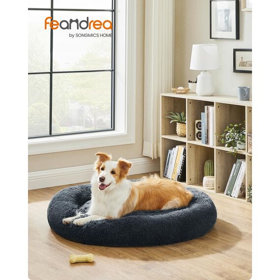 Feandrea Hundebett flauschig, Katzenbett, Donut Kissen, waschbar, Polsterung in der Mitte herausnehmbar, Langer Plüsch, 100 cm Durchmesser, dunkelgrau PGW042G02