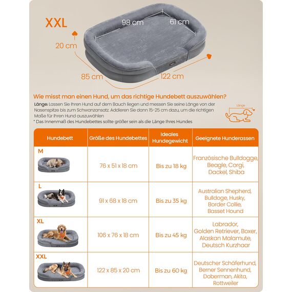 Feandrea Hundebett, Hundekissen, für extra große Hunde, 122 x 85 x 20 cm, orthopädisch, wasserdichte Innenschicht, erhöhte Ränder, Abnehmbarer, waschbarer Bezug, rutschfest, hellgrau PGW284G01