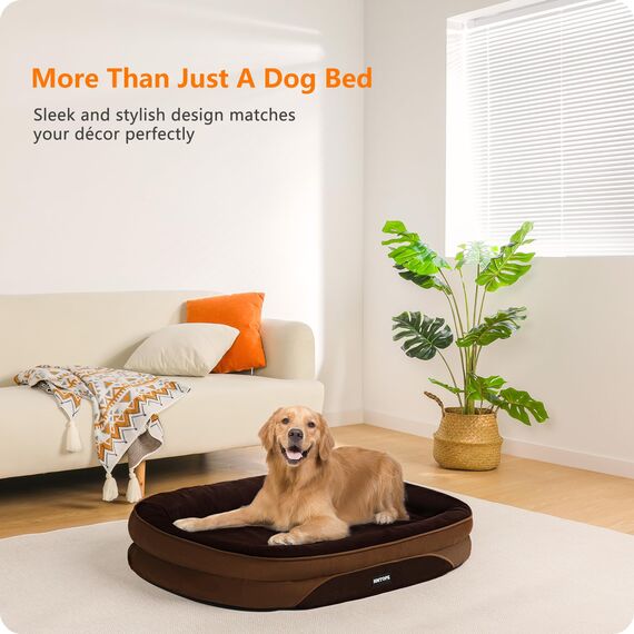 HMTOPE Orthopädisches Hundebett, Hundesofa, Vierseitiges Nackenrolle Kissen, rutschfeste Unterseite Hundekorb, Abnehmbar und Waschbar, Mittelgroße Hunde, Grosse Hunde, 106 x 79 x 17 cm, Braun