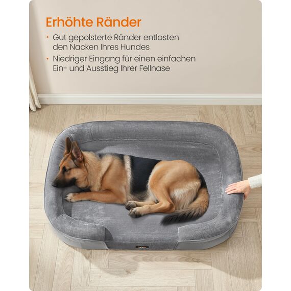 Feandrea Hundebett, Hundekissen, für extra große Hunde, 122 x 85 x 20 cm, orthopädisch, wasserdichte Innenschicht, erhöhte Ränder, Abnehmbarer, waschbarer Bezug, rutschfest, hellgrau PGW284G01