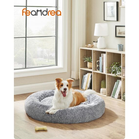 Feandrea Hundebett flauschig, Katzenbett, Donut Kissen, waschbar, Polsterung in der Mitte herausnehmbar, Langer Plüsch, 100 cm Durchmesser, Ombré-Grau PGW042G01