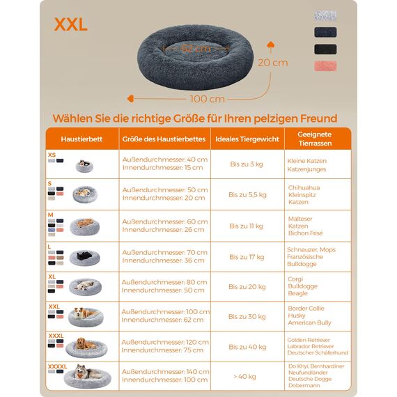 Feandrea Hundebett flauschig, Katzenbett, Donut Kissen, waschbar, Polsterung in der Mitte herausnehmbar, Langer Plüsch, 100 cm Durchmesser, dunkelgrau PGW042G02