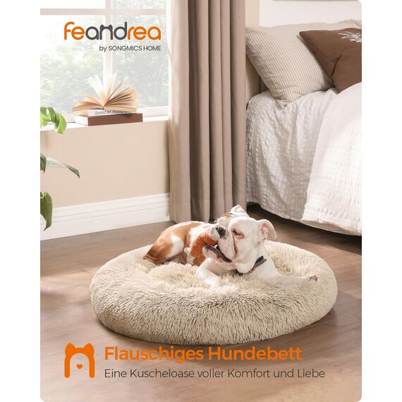 Feandrea Hundebett flauschig, Katzenbett, Donut Kissen, waschbar, Polsterung in der Mitte herausnehmbar, Langer Plüsch, 90 cm Durchmesser, Ombré-Khaki PGW041S01
