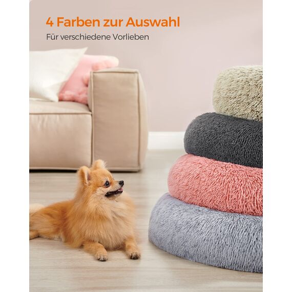 Feandrea Hundebett flauschig, Katzenbett, Donut Kissen, waschbar, Polsterung in der Mitte herausnehmbar, Langer Plüsch, 60 cm Durchmesser, rosa PGW038P01